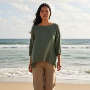 Amazhiyu Top Tunic Shirt Medium LINEN Olive Green Boxy Lagenlook Artsy Coastal